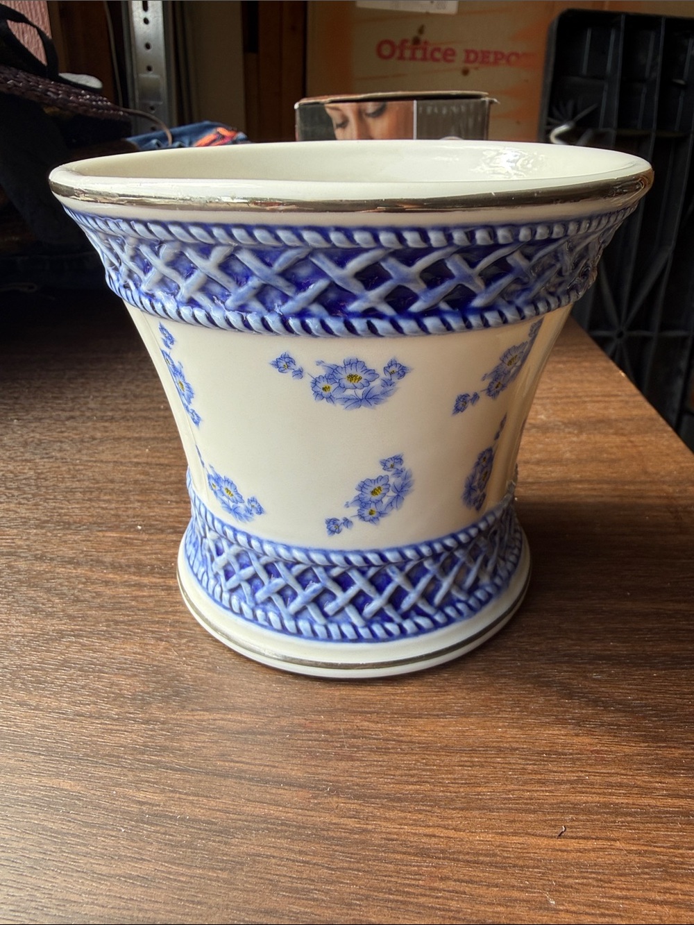 Classic Blue Floral Ceramic Planter - White and Blue